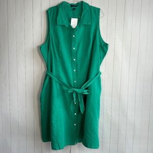 Land's End women size 26W 4X midi shirt dress linen cotton green belted pockets